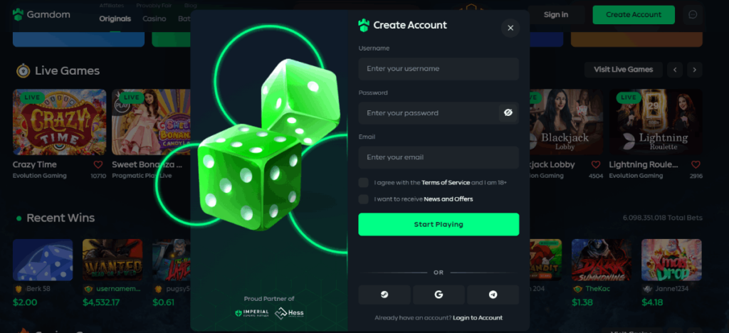 Gamdom Crypto Casino Account